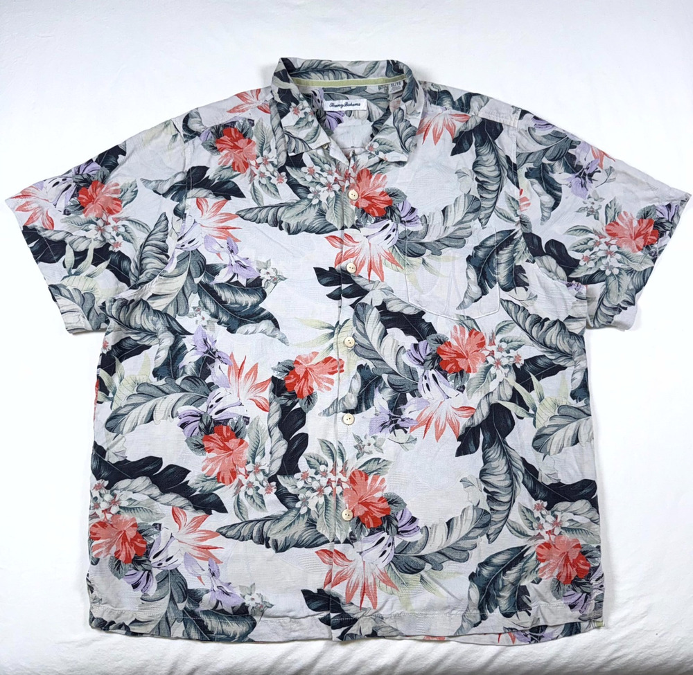 Tommy Bahama Hawaiian Shirt Mens XL Multi Tropical 100% Silk Short Sleeve Beachy